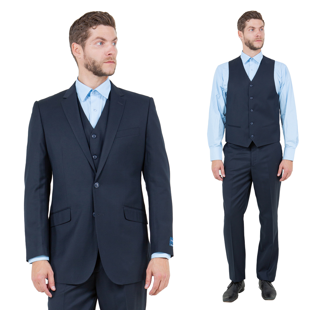 Modern Fit 3pc Wool Mens Suit Set by ZeGarie, Navy